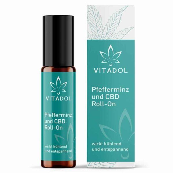 Vitadol Kopf & Nacken Roll-on, Vitadol Pfefferminz und CBD Roll-On, 10-ml-Packungsgröße.