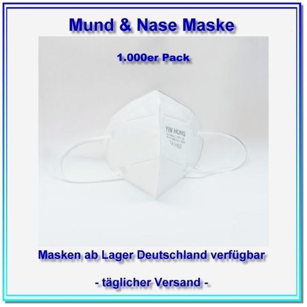 FFP2_YH, FFP2-Maske YH, 1000 Stk, CE-zertifiziert, EN 149:2001, FFP2NR, einzeln verpackt, Farbe weiß